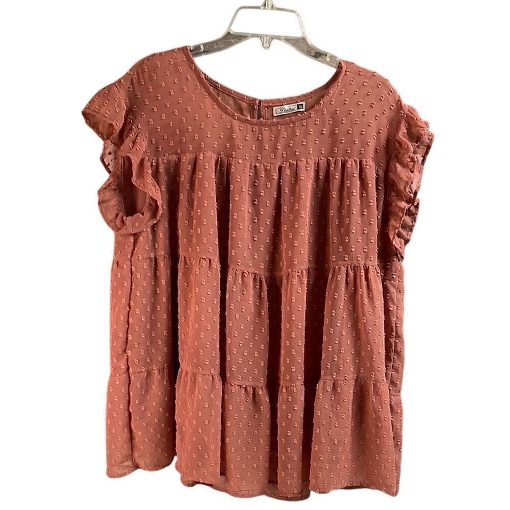 DOROSE Top Size M Swiss Dot Cap Sleeve Keyhole Sheer Tiered Fairy Blouse Pink